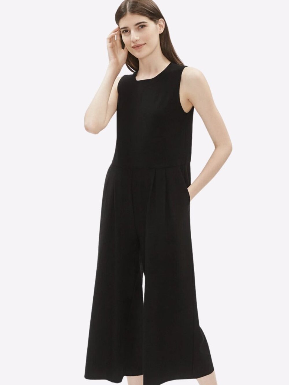 Eileen Fisher Black Lightweight Crepe Jumpsuit Wide Leg Crepe Womens Sz M Flowy